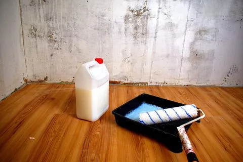 Roller, tray and plastic bottle with white primer. Preparation of walls Stock Photos