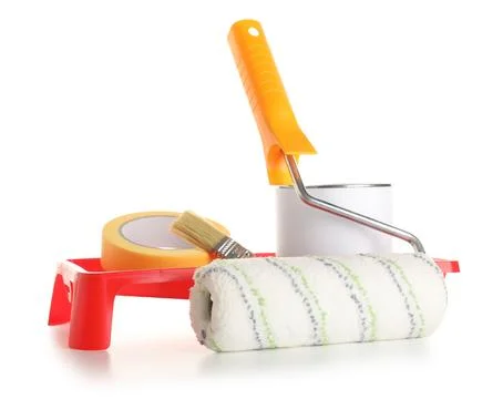 Roller with tray, brush, can of paint and adhesive tape roll on white backgro Stock-Fotos