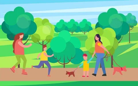 Rollerblading and Dog Walking Vector Illustration Ilustração Stock