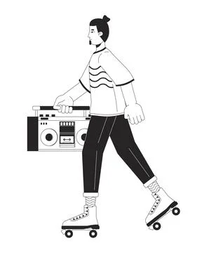 Rollerblading with boom box black and white cartoon flat illustration Stock Illustration