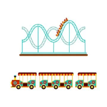 Rollercoaster and train ride in amusement park Stock Illustration