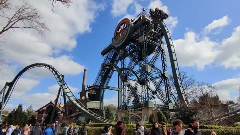Rollercoaster going down steeply Stock Footage 305490545