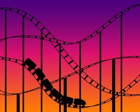 Rollercoaster silhouette on sunset sky background Stock Illustration