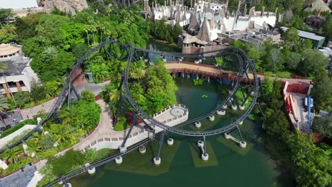 Rollercoaster at Universal Studios in Orlando, Florida. Aerial top down of Video stock 278091161