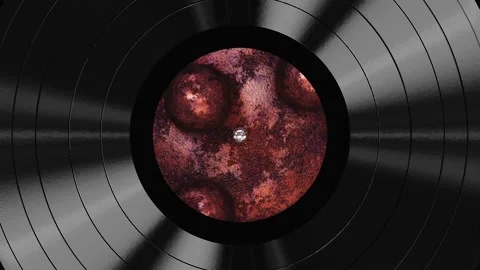 Rolling aged rusty metal spheres live label vinyl record looping 3D animation Stock Footage 194399720