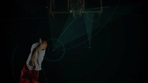 Rolling basketball sending player racing court, launching dunk scoring while Stock Footage 330563948