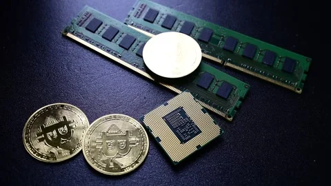 Rolling bitcoin coin landing on computer memory and processor technology concept Stock Footage 331121708