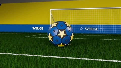 Rolling blue soccer ball moving off stand onto arena turf, resting before goal Stock Footage 333286160