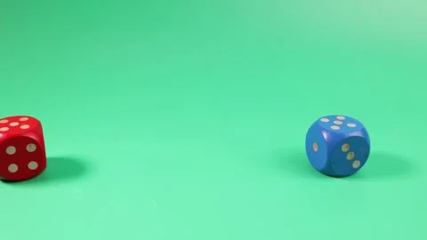 Rolling bouncing play blue red wooden playing dice on green background Stock-Footage 249050262