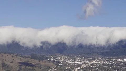 Rolling clouds waterfall at La Palma - 4K Timelapse panning Stock Footage 293778889