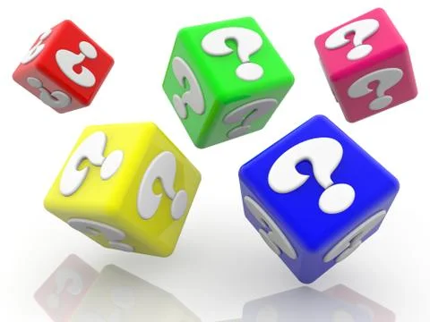 Rolling colorful cubes with question marks concept on white Stock Illustration