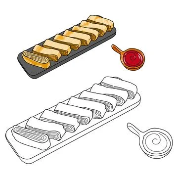 Rolling cooked egg with a tray of food. Healthy food of full nutrition illutrati Stock Illustration