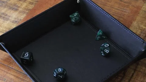 Rolling a D20 in a dice tray and landing on a one Stock Footage 335946427