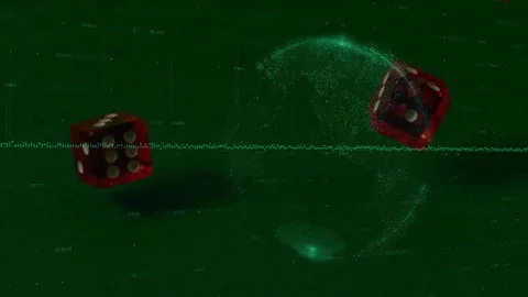 Rolling dice with data points and waveforms animation over green background Vídeo Stock 304019548