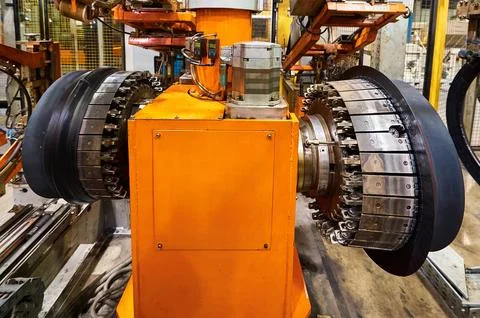 Rolling drum with rubber layers to form car tire at plant Stock Photos