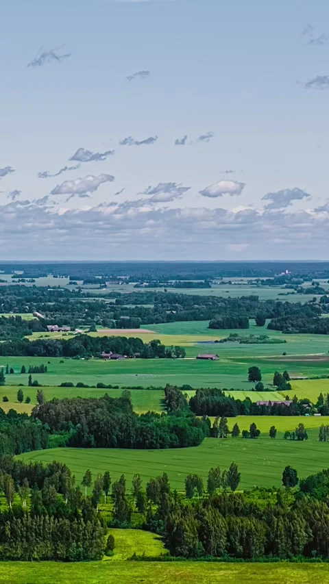 Rolling Farmland and Forest Under Scattered Clouds on Windy Day Stock Footage 342786348