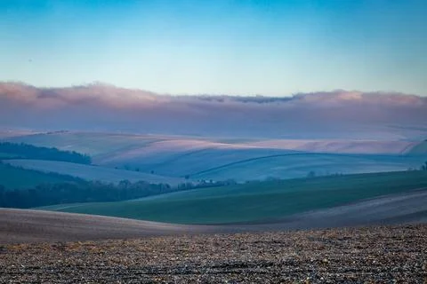 Rolling Fields in the South Downs on an Early Winters Morning Foto stock