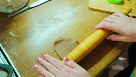 Rolling Gingerbread Dough Sticking To Rolling Pin During Homemade Baking Stock Footage 340873746