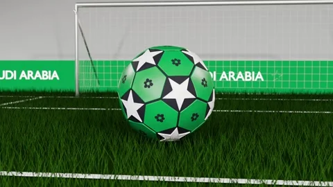 Rolling green ball with stars moving toward camera into pitch at goal, revealing Stock Footage 333286153
