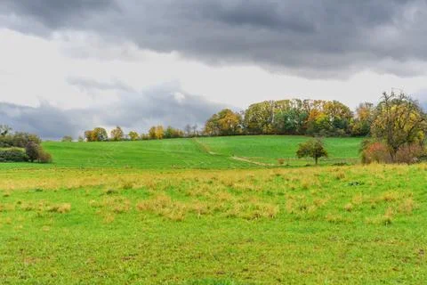 Rolling Green Fields and Autumn Trees Under Cloudy Sky in Rossdorf Germany Stock Photos