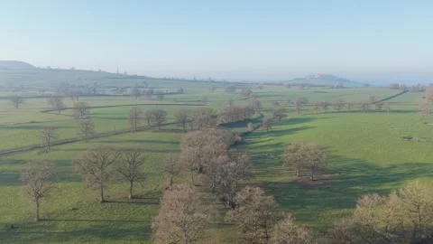 The rolling green fields and scattered trees of the rural countryside in Nievre Stock Footage 346716126