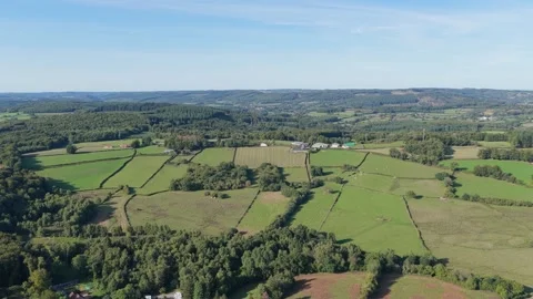 The rolling green fields, patchwork farmland, and scattered farmhouses of the Stock Footage 346722447