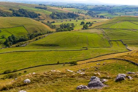 Rolling green hills with patchwork fields and stone walls, depicting rural .. Fotos de archivo
