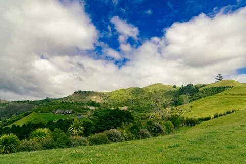 Rolling Green Hills Under Dramatic Cloudy Sky Stock-Fotos