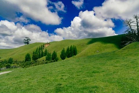 Rolling Green Hills Under Dramatic Cloudy Sky Foto stock