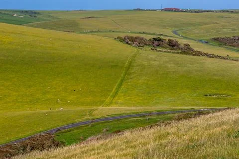Rolling green hills with a winding path under a clear blue sky at Seven Sis.. Stock Photos
