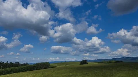 Rolling Green Meadow Beneath Dramatic Cumulus Clouds 写真素材