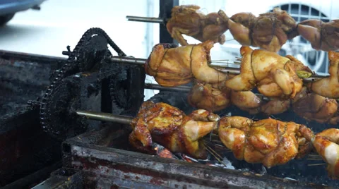 Rolling Grilled Chicken On Cooking Machine With Herbal Charcoal Stock Footage 34461118