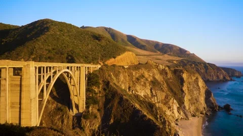 Rolling Hills and Cliffs On American West Coast at Sunset Slow Motion Stock Footage 302591927
