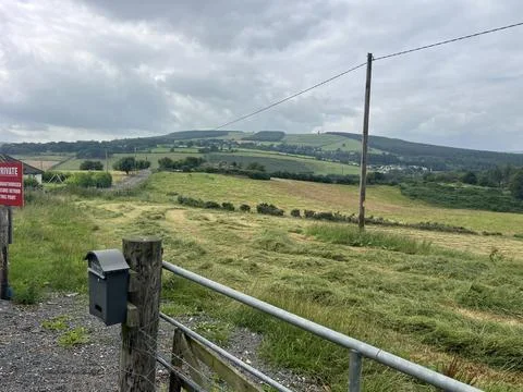 Rolling Hills and Lush Fields Under Cloudy Skies in a Tranquil Landscape Foto stock