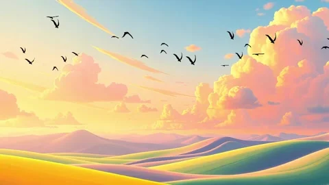 Rolling Hills Under a Sunset Sky with Silhouetted Birds: A Peaceful Animated La Stock Footage 308847668