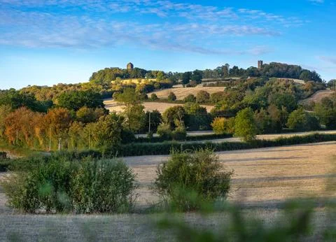 Rolling hills yellow fields and distant castle under cloudy sky in Burgundy.. Stock Photos