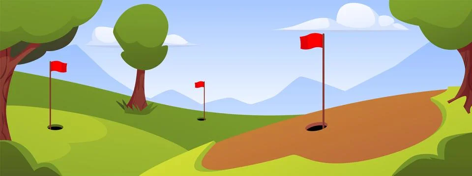Rolling landscape with a golf course, flags, holes, trees, sky, and mountains in Stock Illustration
