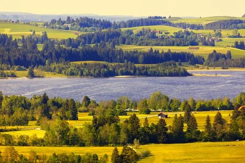 Rolling landscape with river Stock Photos