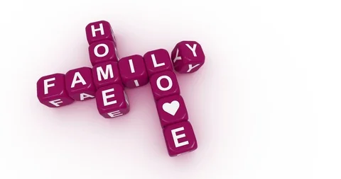 Rolling letter cubes forming words Home, Family, Love with alpha mask Stock Footage 90916668