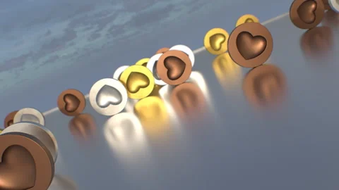 Rolling Metallic Silver Gold And Bronze Heart Token Round 3D Coins Stock Footage 242511190
