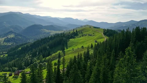 Rolling mountain ridge with forest and scattered cabins. Lush green mountain Stock Footage 315510262