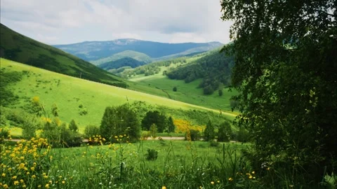 Rolling mountain valleys covered in vivid green grass Stock Footage 333511728