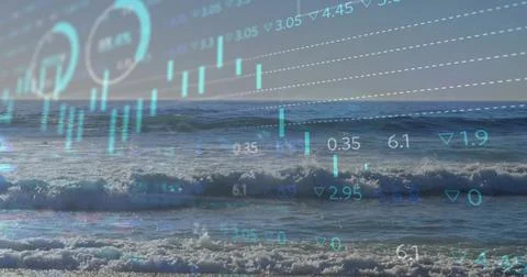 Rolling ocean waves displaying faint chart graphics on beach shoreline, with bar Stockfoto's