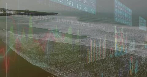 Rolling ocean waves merging on coastal shore, with financial charts, data panels Stock Photos