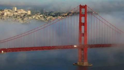 For rolling over the Golden Gate Bridge and San Francisco city skyline Stock Footage 159112343