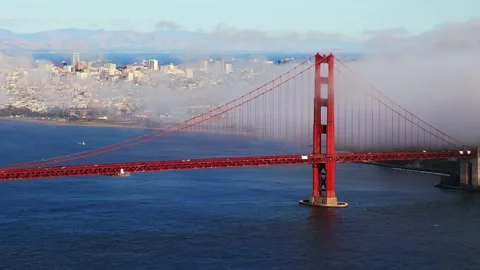For rolling over the Golden Gate Bridge and San Francisco city skyline Stock Footage 159112419