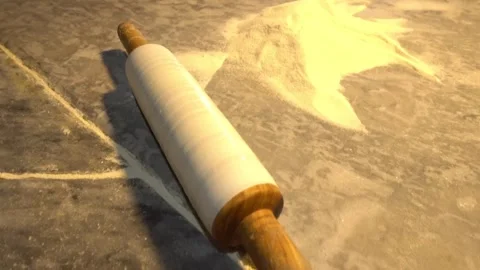 Rolling pin and flour on marble table. . side view Stock Footage 241411706