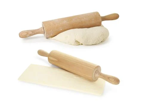 Rolling pin with dough isolated on white, collage Photos