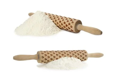 Rolling pin with heart pattern and flour isolated on white Stock Photos