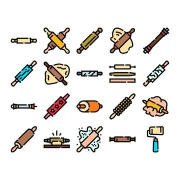 Rolling pin kitchen utensil equipment collection icons Stock Illustration